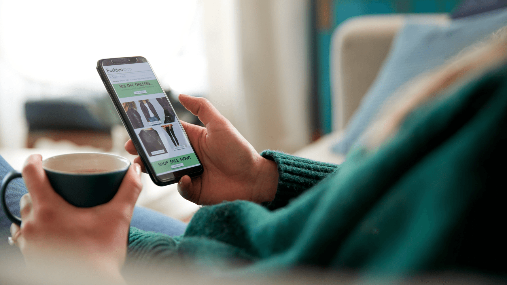 Woman browsing fashion eCommerce website on her phone