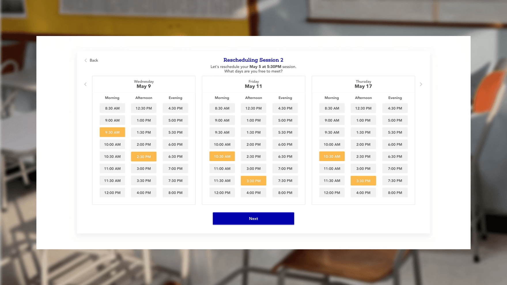 Session booking screen