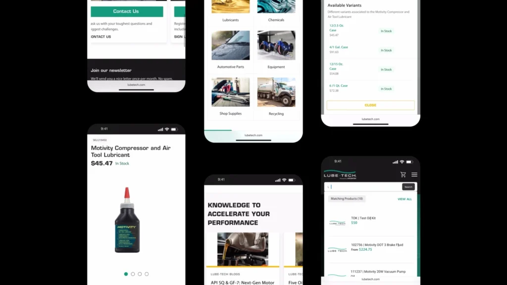 A collage of six smartphone screens displaying e-commerce interfaces for 'Lubetech', a company selling lubricants and automotive products. The screens show product listings, product details, a newsletter signup, product categories, and a search results page, highlighting pricing, stock availability, and various product types.