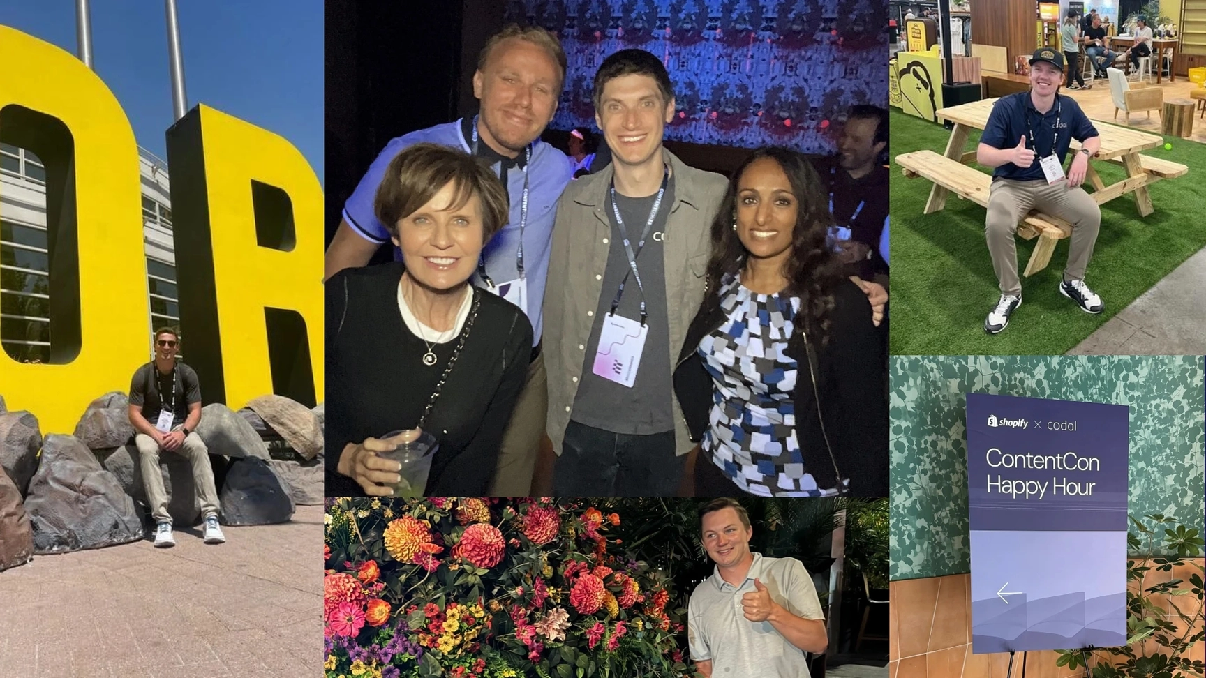 Collage of event photos including conference signs, team happy hour, and outdoor scenes.