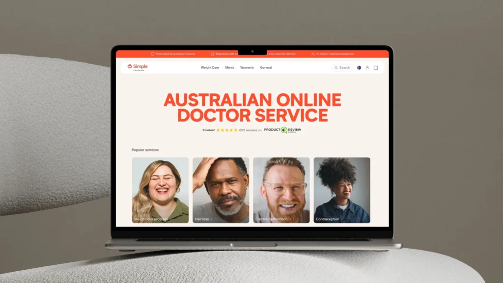 Simple Online Healthcare's homepage displayed on a laptop