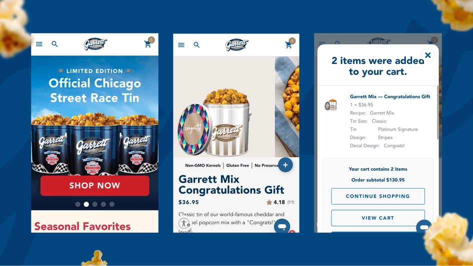 Garrett Popcorn website mobile screens