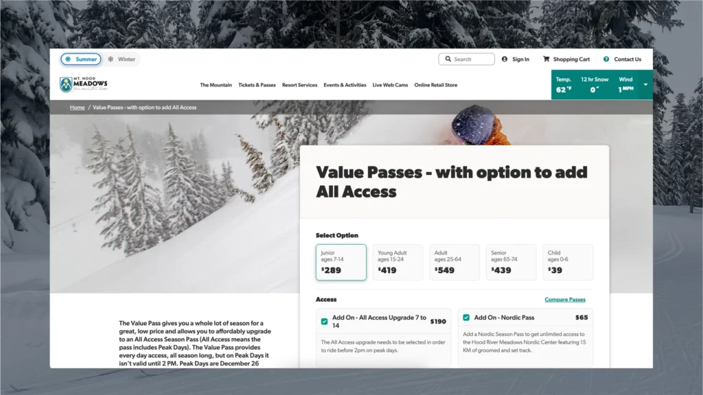 Mt. Hood Meadows website desktop value passes 