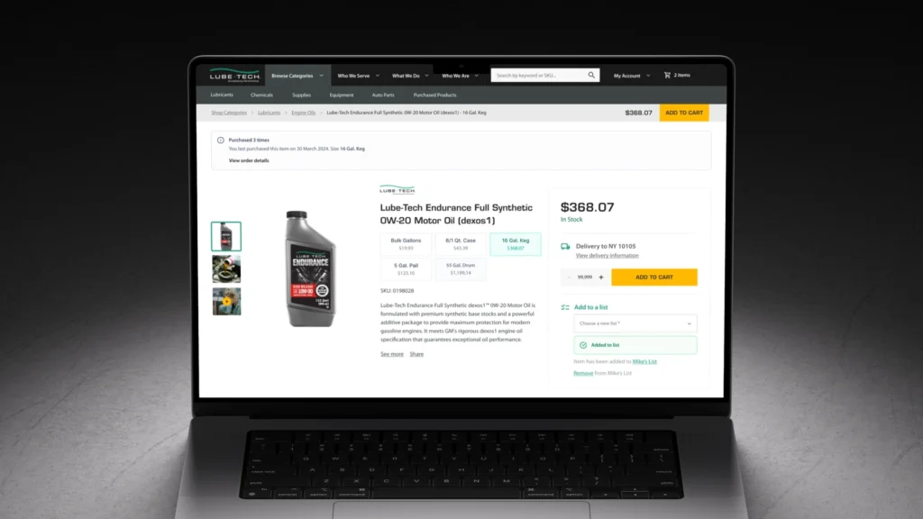 A laptop displaying the product page for 'Lube-Tech Endurance Full Synthetic 0W-20 Motor Oil (dexos1)' on the Lube Tech e-commerce website. The page shows the product image, various size options (1 Qt. Case, 3 Gal. Pail, 5 Gal. Drum, 16 Gal. Keg), pricing ($368.07), stock availability, estimated delivery, a product description, and an 'Add to Cart' button.