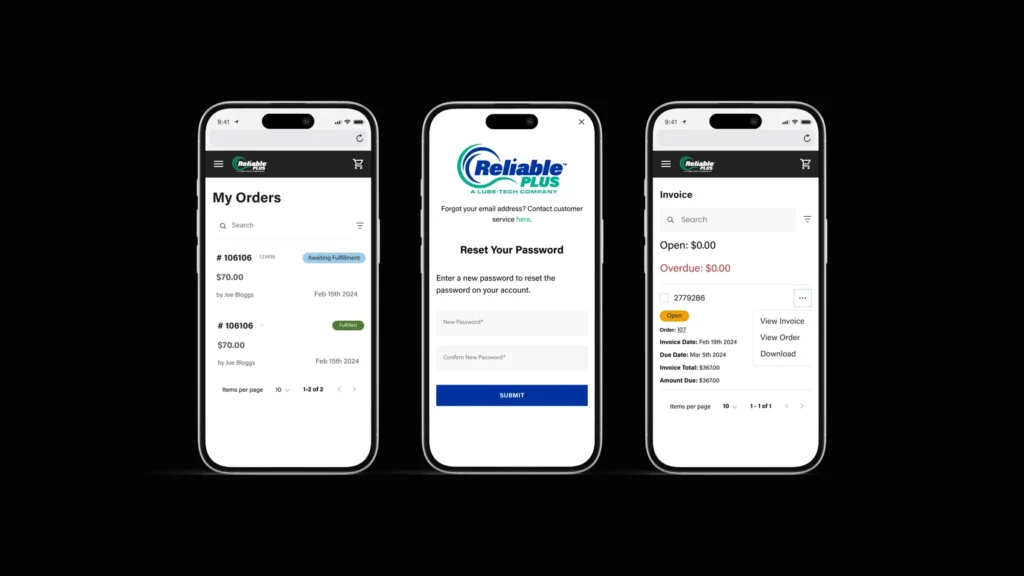 A triptych of three smartphone screens showcasing the 'Reliable Plus' mobile interface. The left screen displays 'My Orders' with details like order numbers, amounts, and fulfillment status. The middle screen shows a 'Reset Password' form with fields for new and confirmed passwords. The right screen presents an 'Invoice' page, detailing open and overdue amounts, invoice number, order ID, and total amount due, all within the 'Reliable Plus' mobile application.