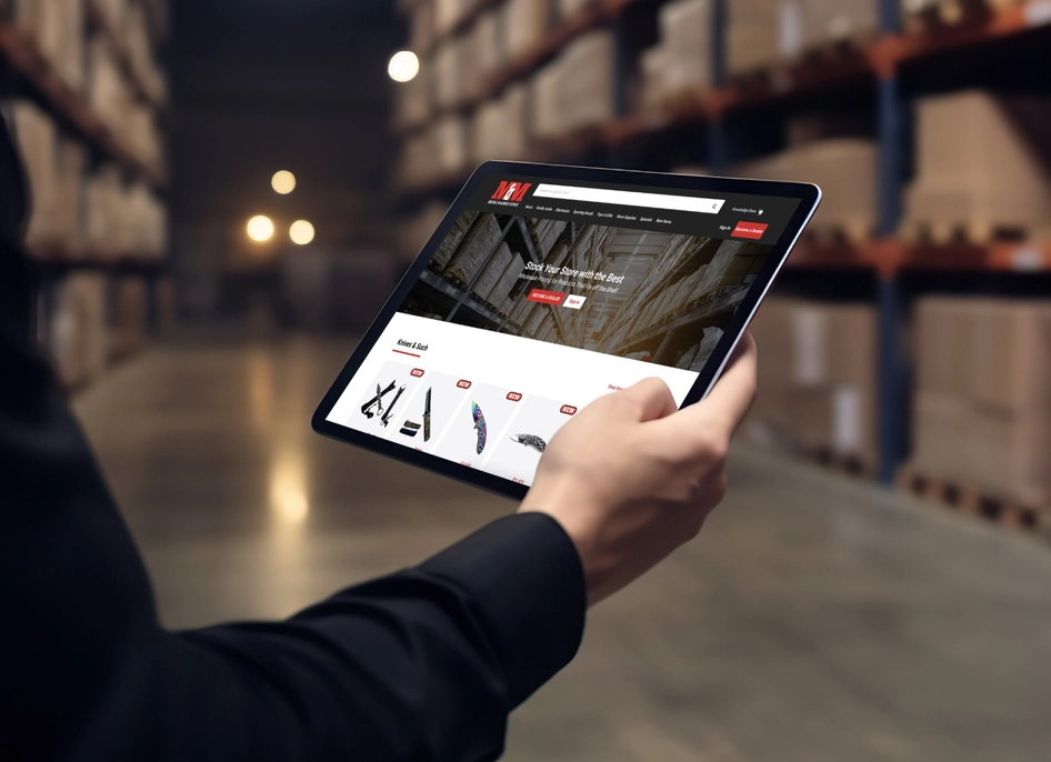 Hand holding ipad checking M&M Merchandisers homepage