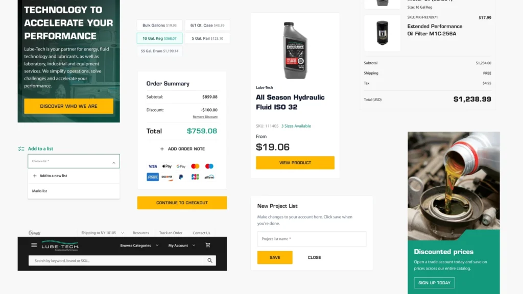 A collage of several sections from the Lube Tech website UI, showcasing product information and ordering details. The top left features a banner with 'TECHNOLOGY TO ACCELERATE YOUR PERFORMANCE' and bulk pricing options. Below it, an 'Order Summary' with subtotal, discount, and total. The middle section displays 'Lube Tech All Season Hydraulic Fluid ISO 32' with pricing and a 'View Product' button. The bottom left shows 'Add to a list' functionality. The bottom right includes a 'New Project List' section and a banner for 'Discounted prices' inviting users to sign up, while the top right shows a partial product listing for 'Motor Oil' and 'Extended Performance Oil Filter' with a subtotal and total.