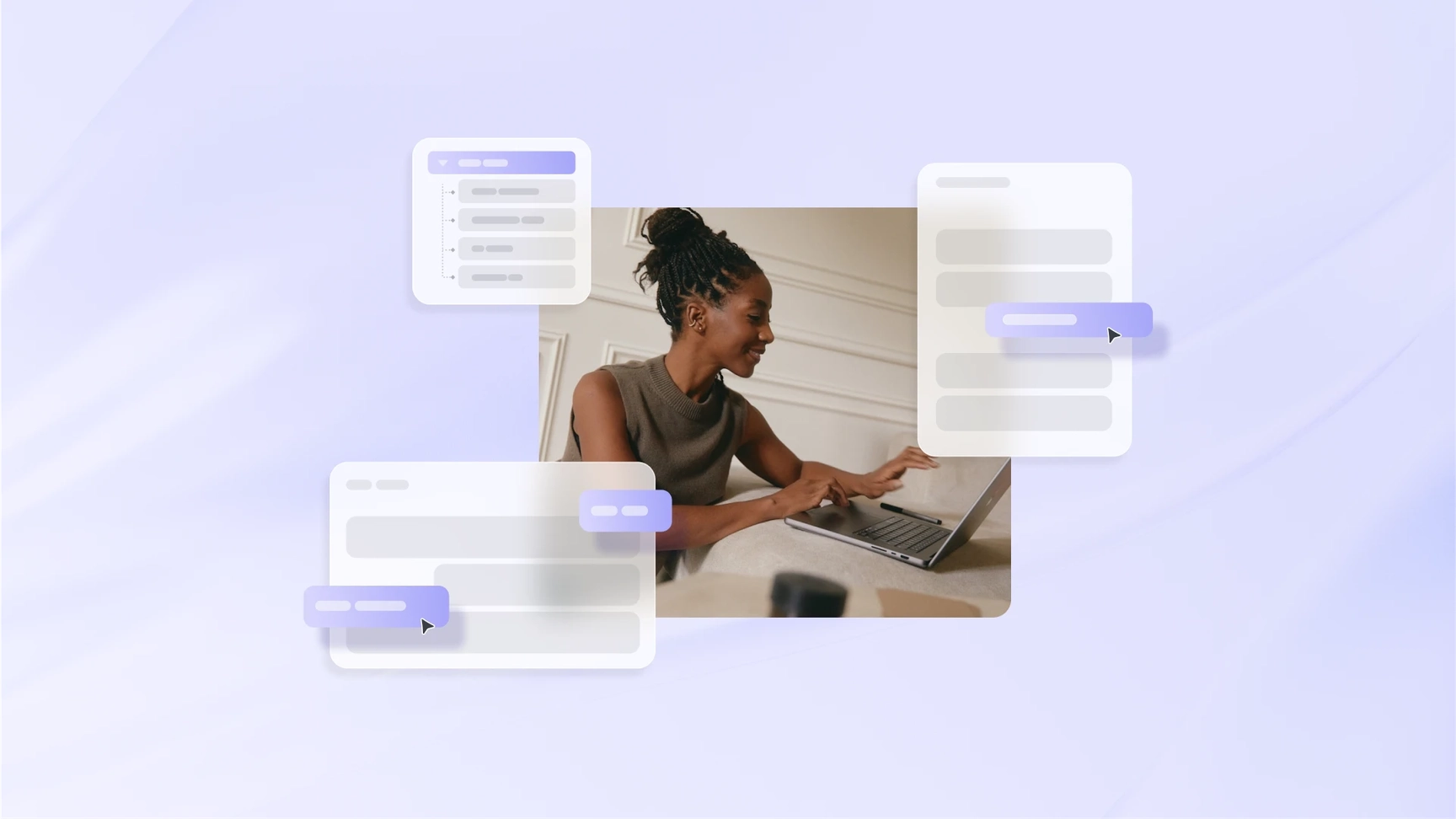 Woman working on a laptop surrounded by floating UI elements, representing intuitive digital experiences and human-centered design in modern web development.