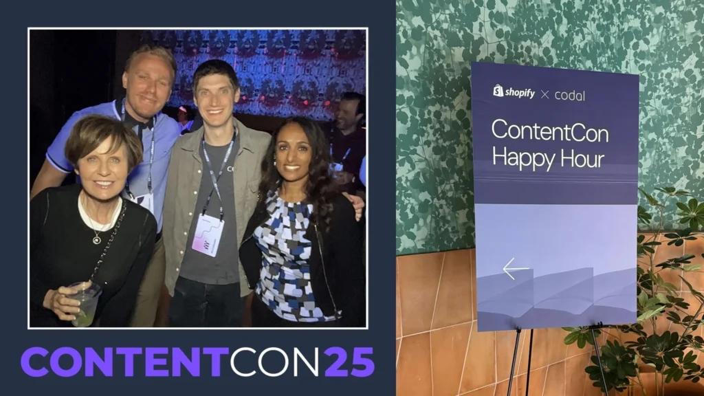 A group of people at the ContentCon 25 Happy Hour, with a sign for the Shopify x Codal event.