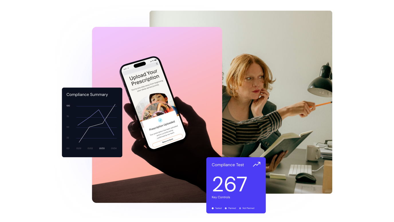 A composite image showing a smartphone screen for prescription upload, data graphics on compliance, and a woman working at a desk.