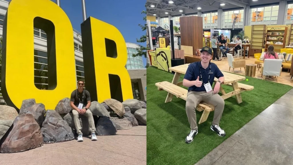 Two images showing a man at the Outdoor Retailer show: one with a large "OR" sign, and another at a booth with a picnic table and artificial grass.