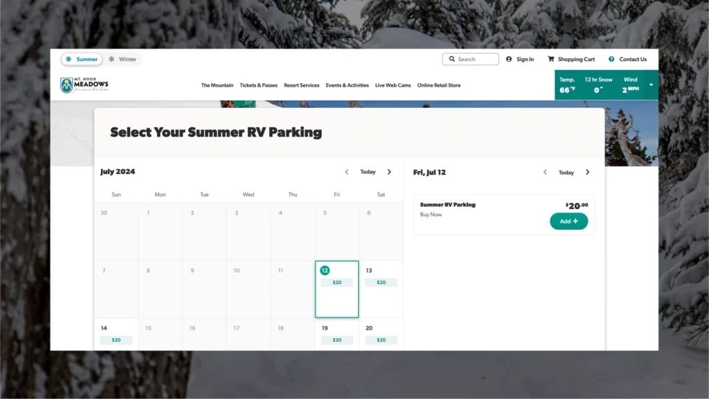 Mt. Hood Meadows website desktop calendar picker
