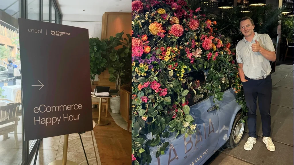 A sign for the Codal x CommerceNext eCommerce Happy Hour, and a man standing next to a car decorated with flowers.