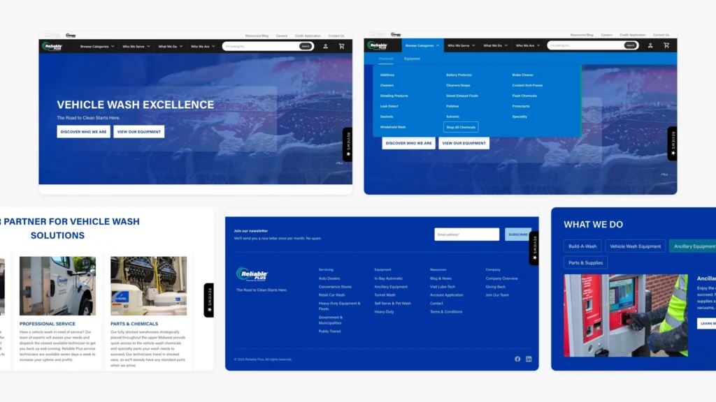 A collage of four screenshots showcasing the 'Reliable Plus' website, specializing in vehicle wash solutions. The top left image shows the homepage banner 'VEHICLE WASH EXCELLENCE'. The top right image displays a dropdown menu for 'Equipment' categories. The bottom left image features a section on 'YOUR PARTNER FOR VEHICLE WASH SOLUTIONS' with descriptions of 'Professional Service' and 'Parts & Chemicals'. The bottom right image shows a 'WHAT WE DO' section with links to 'Build-A-Wash', 'Vehicle Wash Equipment', and 'Parts & Supplies', including a detailed footer with navigation links and a newsletter signup form.
