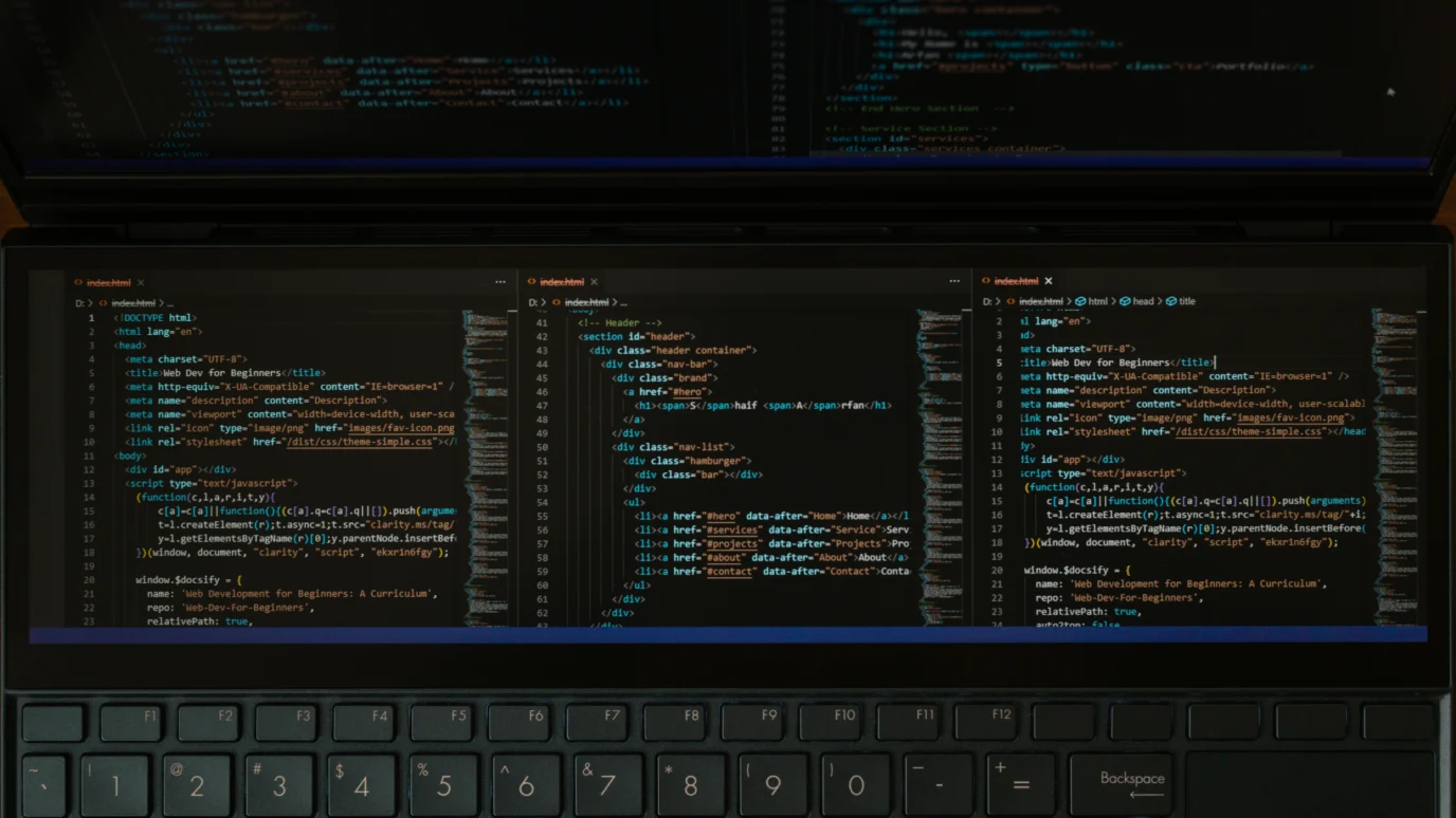 Close-up of a laptop screen showing mirrored Python code for data processing, algorithm creation, and technical comparison, emphasizing deep learning and robust back-end development.