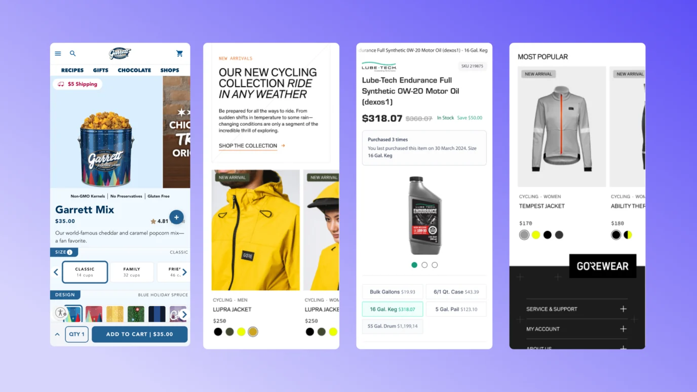 Four responsive mobile website views showcasing popcorn, cycling apparel, motor oil, and jackets, emphasizing the need for strong mobile UX and a broad product catalog for startups in an accelerator.