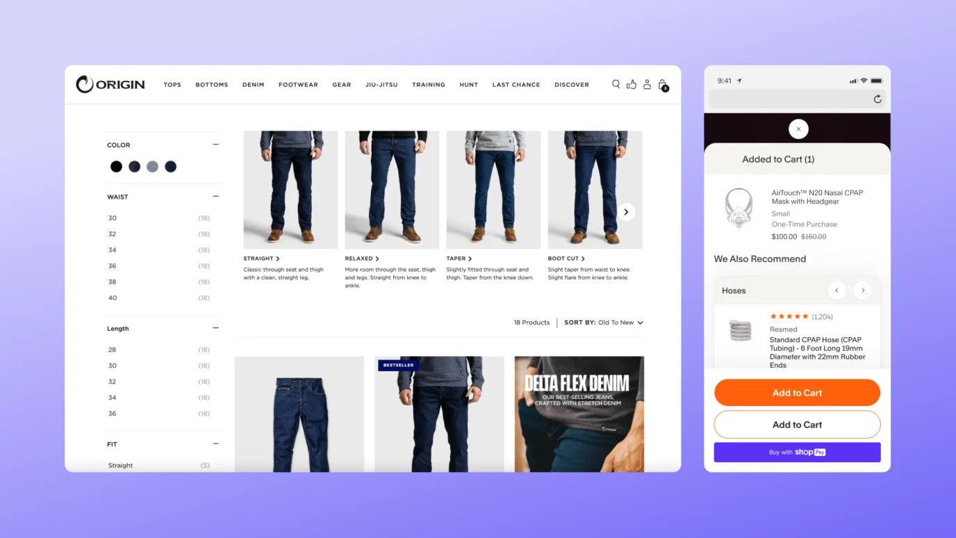 Side-by-side view of a desktop apparel website (Shopify/Origin) showing product filtering and a mobile pop-up cart, emphasizing a seamless, high-converting customer journey for accelerated startups.