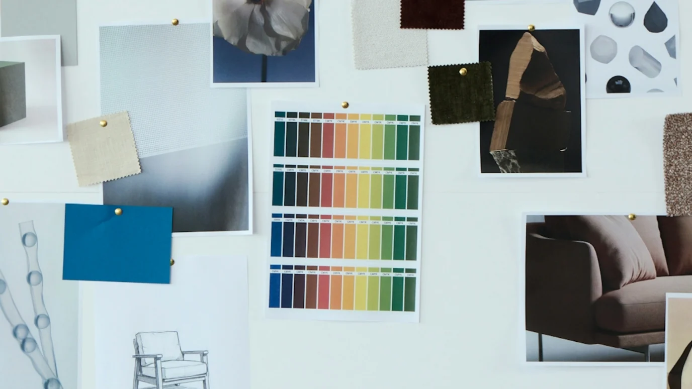 Mood board with color palettes, fabric swatches, and inspirational images.