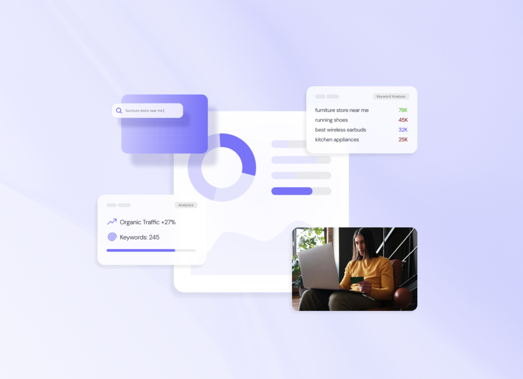 Codal - Why combining SEO & CRO is the growth strategy you need SEO and CRO growth strategy dashboard showing keyword analysis, organic traffic growth metrics, and a customer shopping online with a credit card.