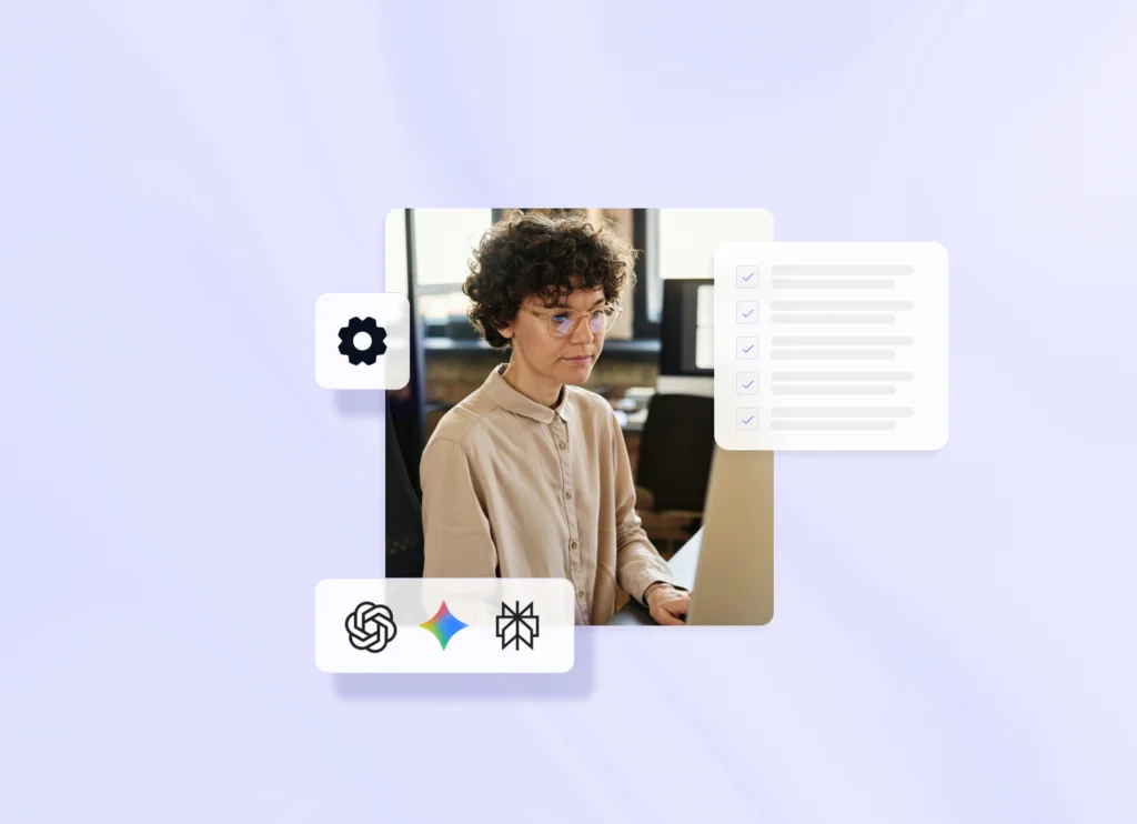 A woman with glasses using a laptop. The photo is surrounded by graphic elements including a gears icon and a settings/to-do checklist. Below the photo are icons representing AI models: ChatGPT (OpenAI), Google Gemini, and Anthropic Claude.