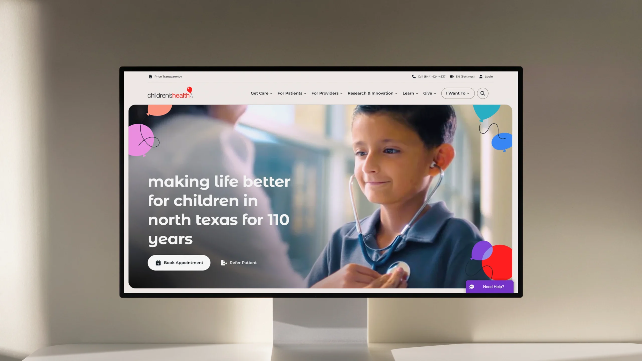 Desktop mockup of the Children’s Health website redesign featuring a pediatric patient and the 
