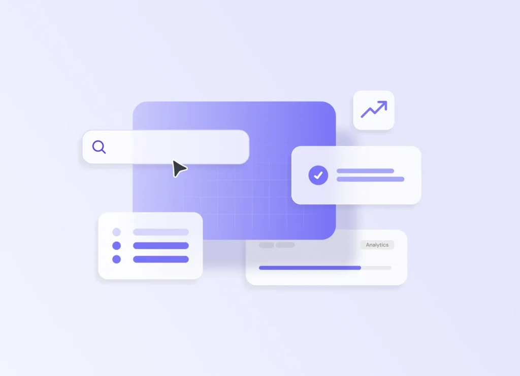 "Abstract 3D digital marketing dashboard featuring A/B testing elements, conversion rate optimization metrics, and a growth trend arrow on a purple gradient background."